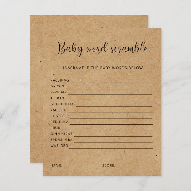 Rustic - Baby Word Scramble | Baby Shower Game (Front/Back)