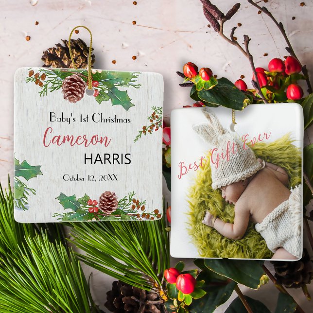 Rustic Baby's 1st Christmas Milestone Photo Ceramic Ornament (Creator Uploaded)