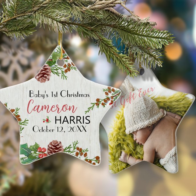 Rustic Baby's 1st Christmas Milestone Photo  Ceramic Ornament (Creator Uploaded)