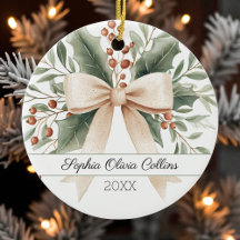 Rustic Baby's 1st Christmas Watercolor Beige Bow