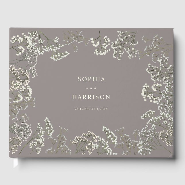 Rustic Baby's Breath Amethyst Wedding Guest Book (Front)