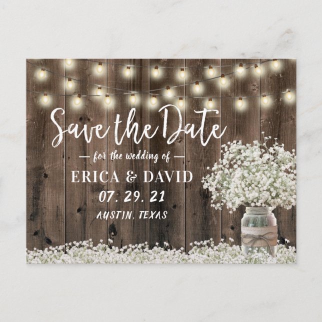 Rustic Baby's Breath Barn Wood Save the Date Announcement Postcard (Front)