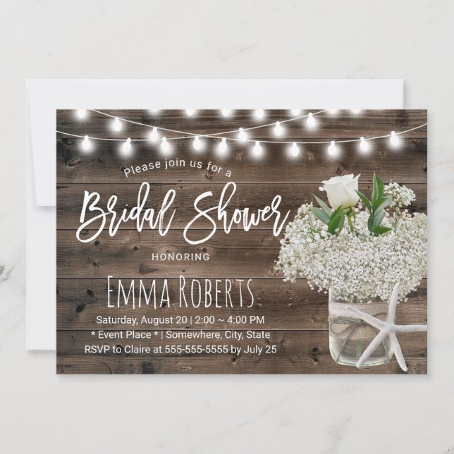 Rustic Baby's Breath Beach Jar Wood Bridal Shower Invitation (Front)