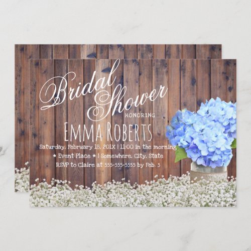 Rustic Babys Breath Blue Hydrangea Bridal Shower Invitation