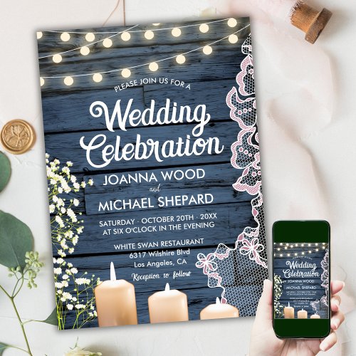 Rustic Babys Breath Candlelights  Lace Wedding  Invitation