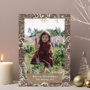Rustic Baby's Breath Christmas Photo Torn Paper Holiday Card