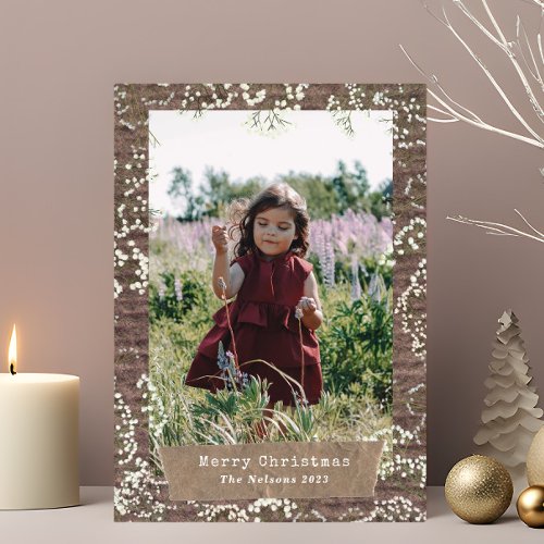 Rustic Babys Breath Christmas Photo Torn Paper Holiday Card