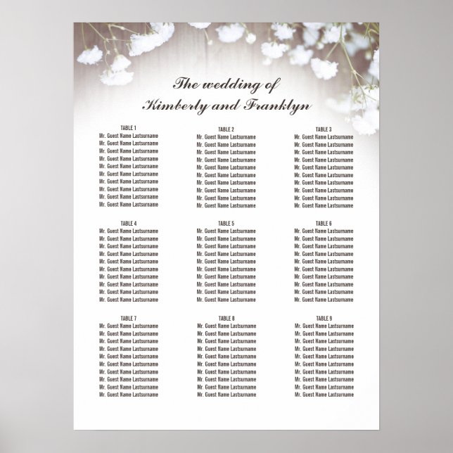 Rustic Baby's Breath Country Wedding Seating Chart (Front)