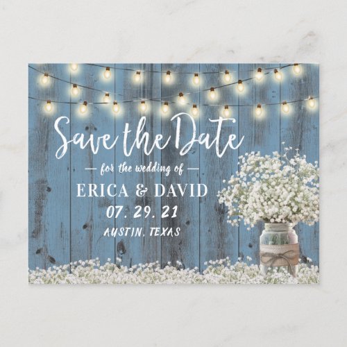 Rustic Babys Breath Dusty Blue Save the Date Announcement Postcard