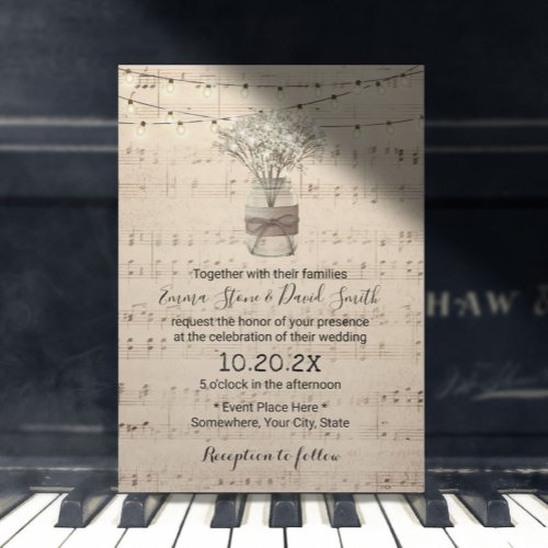 Rustic Babys Breath Floral Jar Musical Wedding Invitation