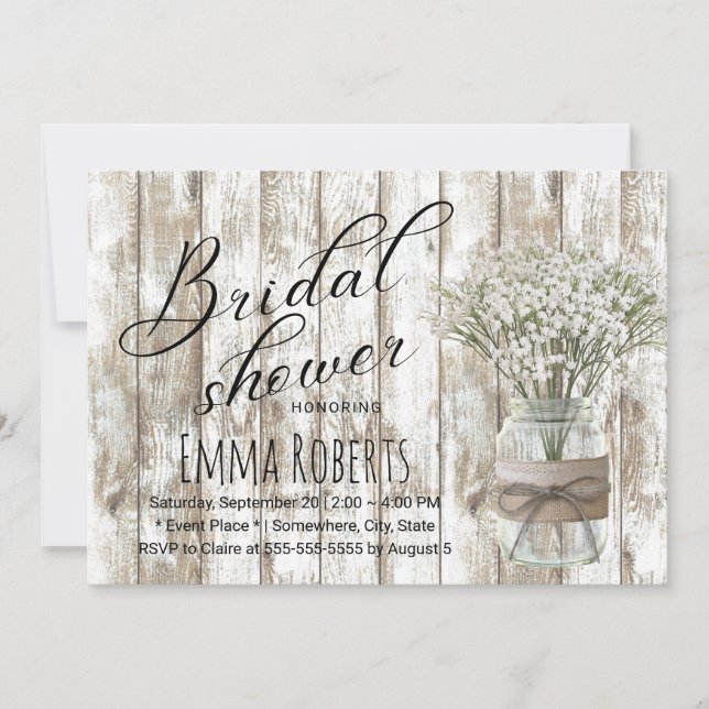 Rustic Baby's Breath Floral Jar Wood Bridal Shower Invitation (Front)