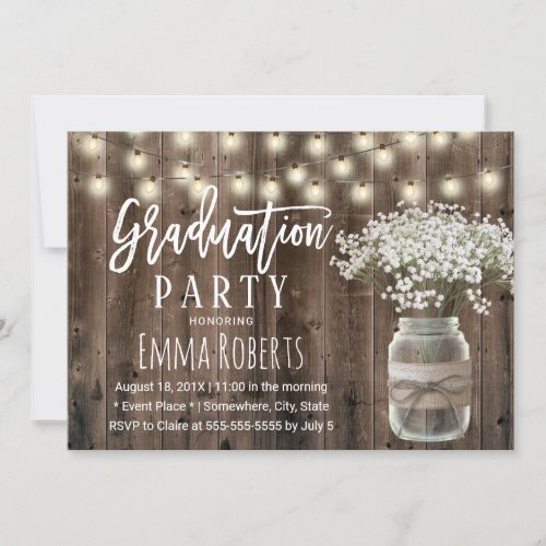 Rustic Babys Breath Floral Jar Wood Graduation Invitation