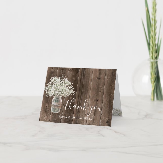Rustic Baby's Breath Floral Jar Wood Thank You (Front)
