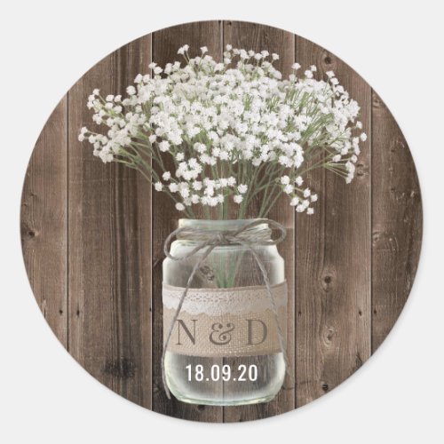 Rustic Babys Breath Floral Jar Wood Wedding Classic Round Sticker