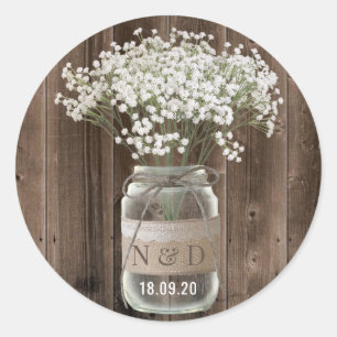 Rustic Baby's Breath Floral Jar Wood Wedding Classic Round Sticker