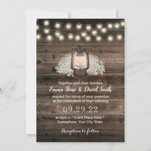 Rustic Babys Breath Floral Lantern Barn Wedding Invitation