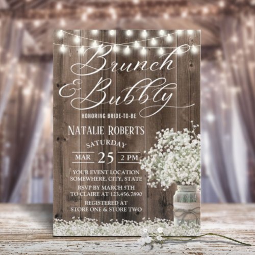 Rustic Babys Breath Floral Mason Jar Bridal Brunch Invitation