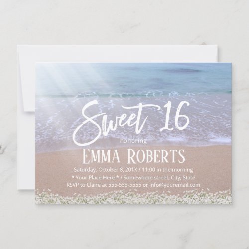 Rustic Babys Breath Flowers Beach Sweet 16 Invitation