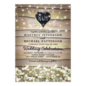 Rustic Baby's Breath Heart Twinkle Lights Wedding Invitation