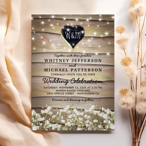 Rustic Babys Breath Heart Twinkle Lights Wedding Invitation