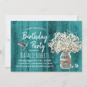 Rustic Baby's Breath & Hummingbird Teal Birthday Invitation