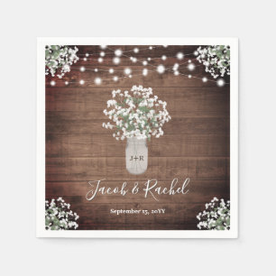 Rustic Baby's Breath in Mason Jar & Lights Wedding Napkins