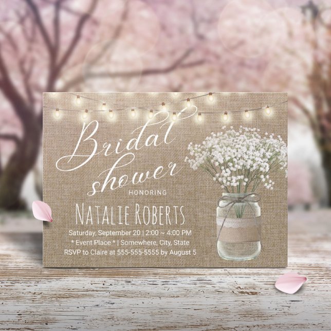 Rustic Baby's Breath Jar Burlap Bridal Shower Invitation (Creator Uploaded)