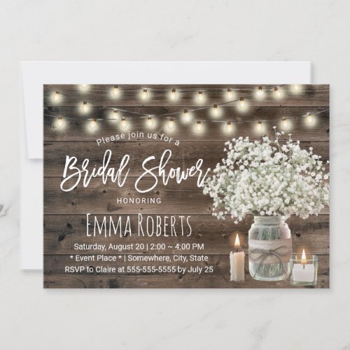 Rustic Babys Breath Jar  Candle Bridal Shower Invitation