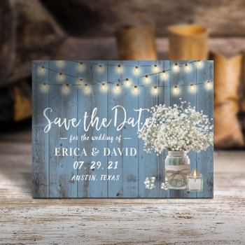 Rustic Baby's Breath Jar Dusty Blue Save The Date Announcement Postcard by myinvitation at Zazzle