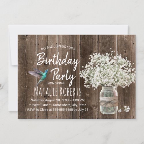 Rustic Babys Breath Jar  Hummingbird Birthday Invitation