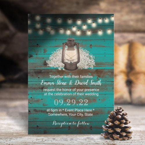 Rustic Babys Breath  Lantern Teal Barn Wedding Invitation