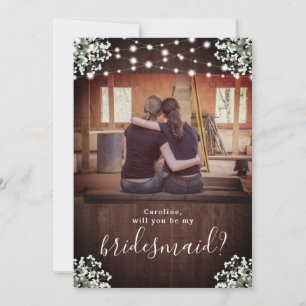 Rustic Babys Breath Lights Be My Bridesmaid Card
