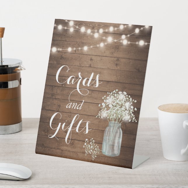 Rustic Baby's Breath Lights Cards and Gifts Pedestal Sign (In SItu)