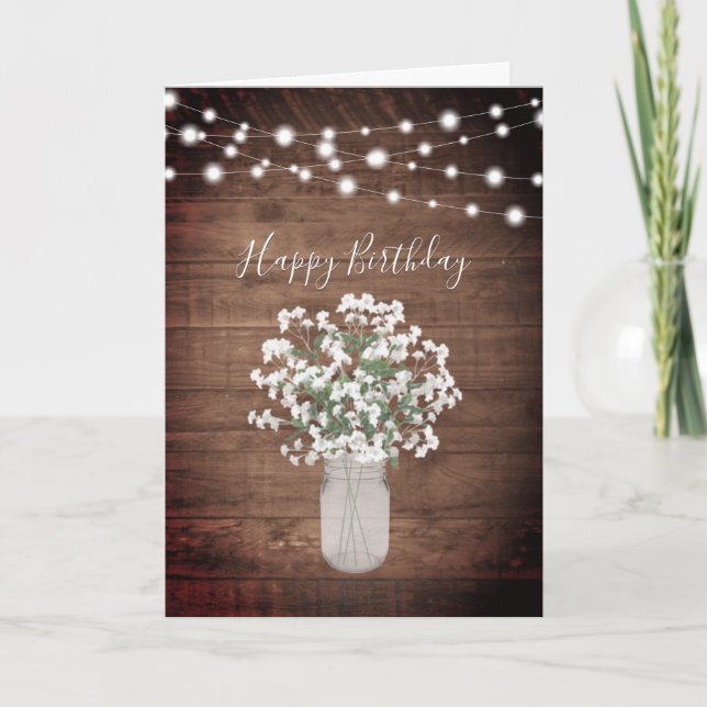 Rustic Baby's Breath Lights Mason Jar Birthday Card (Front)