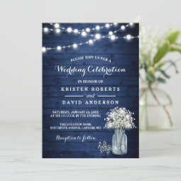 Rustic Baby's Breath Lights Navy Blue Wedding Invitation | Zazzle