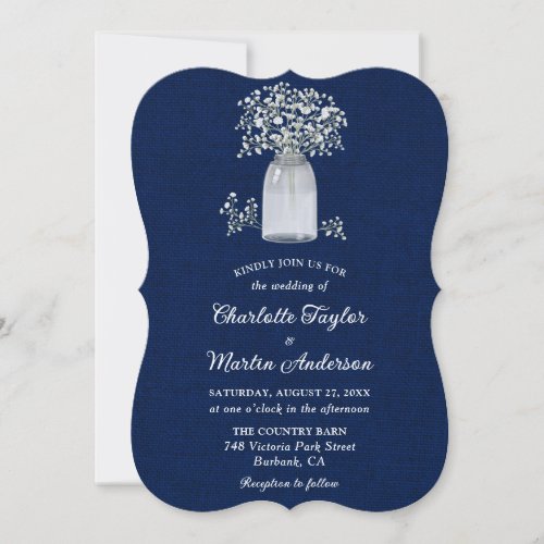 Rustic Babys Breath Lights Navy Blue Wedding Invitation