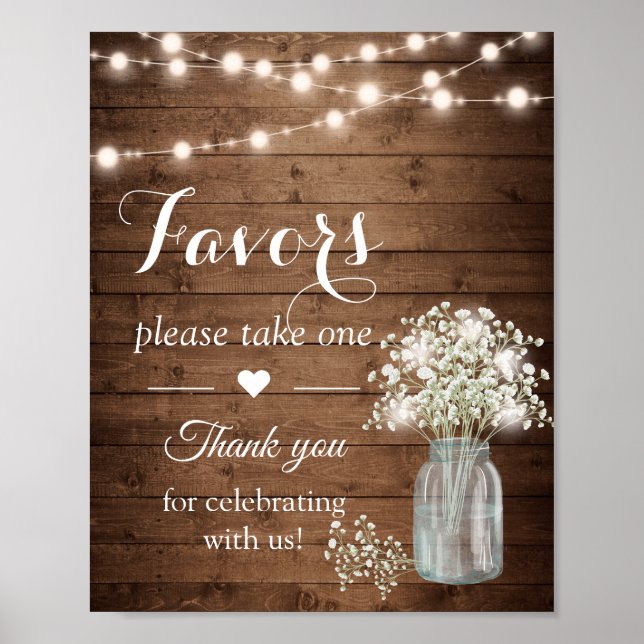 Rustic Baby's Breath Lights Wedding Favors Sign (Front)
