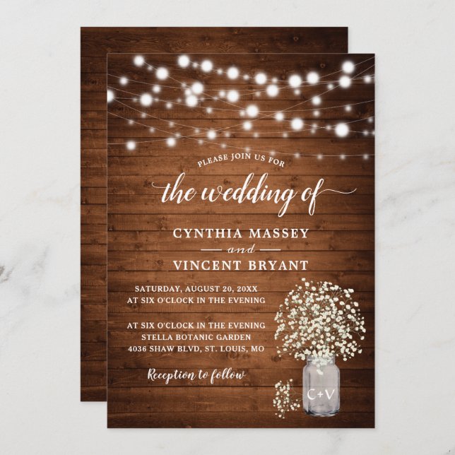 Rustic Baby's Breath Lights Wedding Invitation (Front/Back)