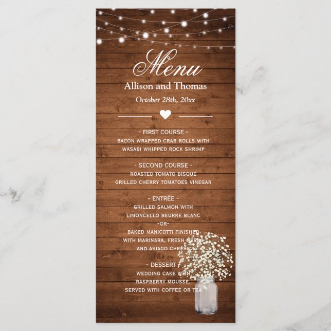 Rustic Baby's Breath Lights Wedding Menu (Front)