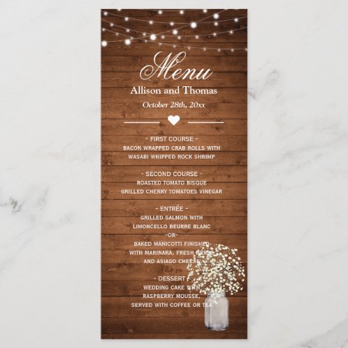 Rustic Babys Breath Lights Wedding Menu