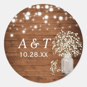Rustic Baby's Breath Lights Wedding Monogram Classic Round Sticker