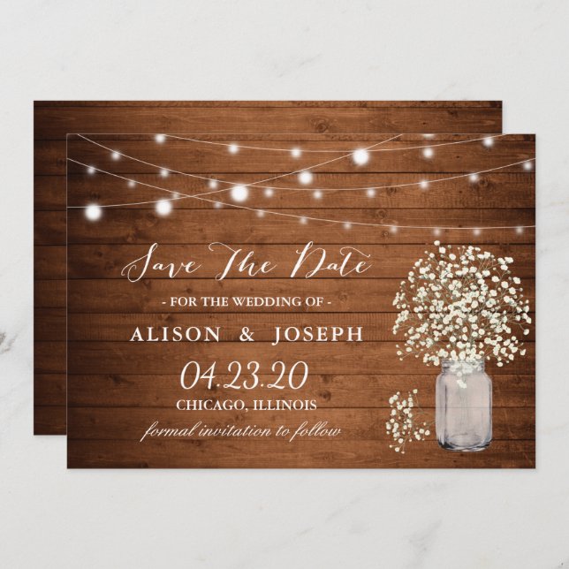 Rustic Baby's Breath Lights Wedding Save The Date (Front/Back)