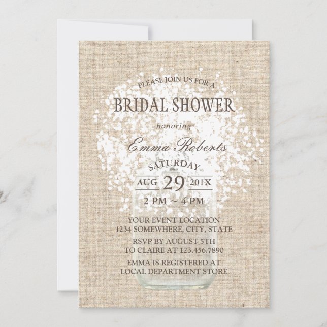 Rustic Baby's Breath Mason Jar Bridal Shower Invitation (Front)