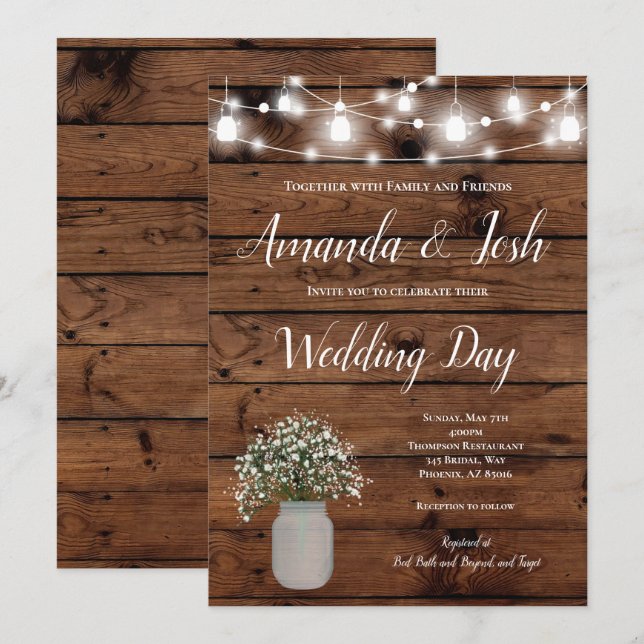 Rustic Babys Breath Mason Jar Country Wedding Invitation (Front/Back)