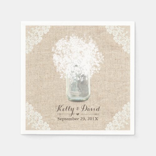 Rustic Babys Breath Mason Jar Lace Burlap Wedding Napkins