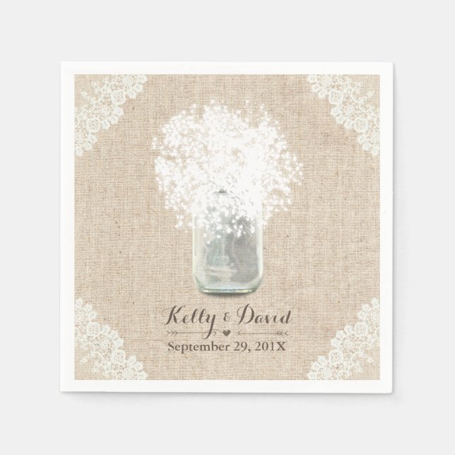 Rustic Baby's Breath Mason Jar Lace Burlap Wedding Napkins (Front)