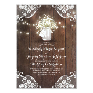 Rustic Baby's Breath Mason Jar Lights Lace Wedding Card