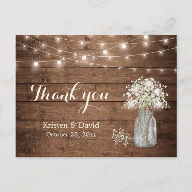 Rustic Baby's Breath Mason Jar Lights Thank You Postcard (Front)