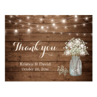 Rustic Baby's Breath Mason Jar Lights Thank You Postcard