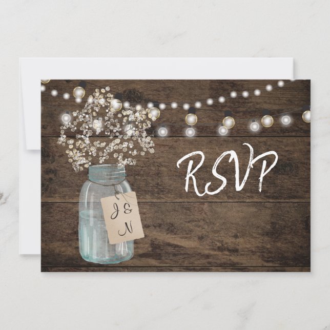 Rustic Baby's Breath Mason Jar Lights Wedding Card (Front)